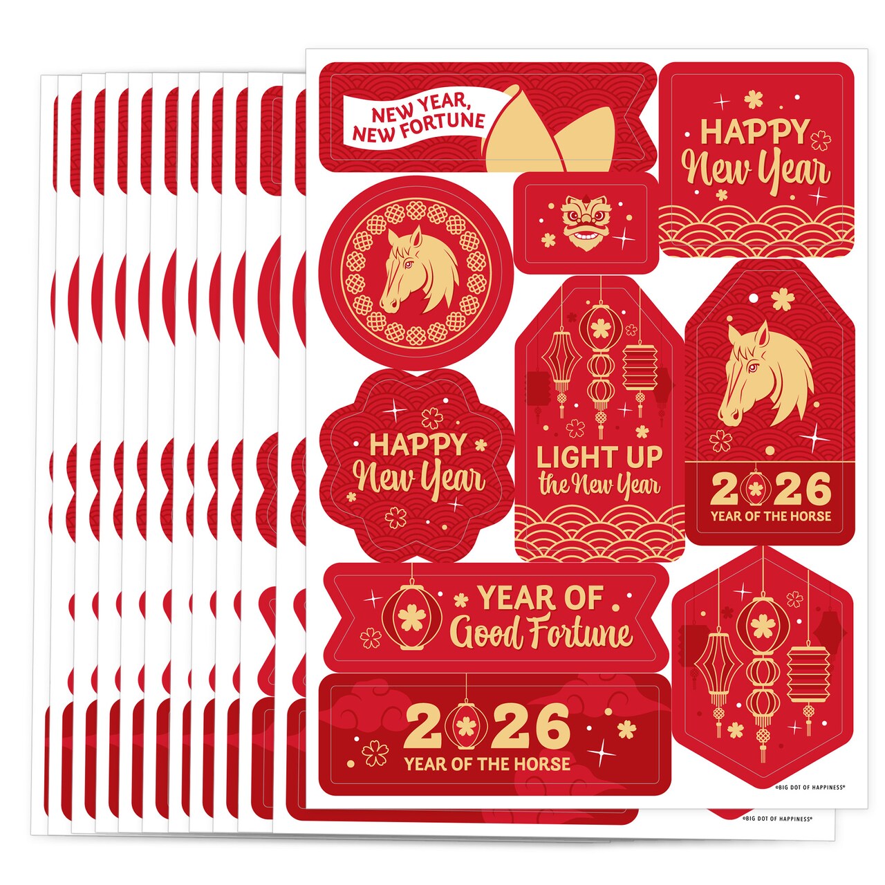 Big Dot of Happiness Lunar New Year - 2026 Year of the Horse Party Favor Sticker Set - 12 Sheets - 120 Stickers